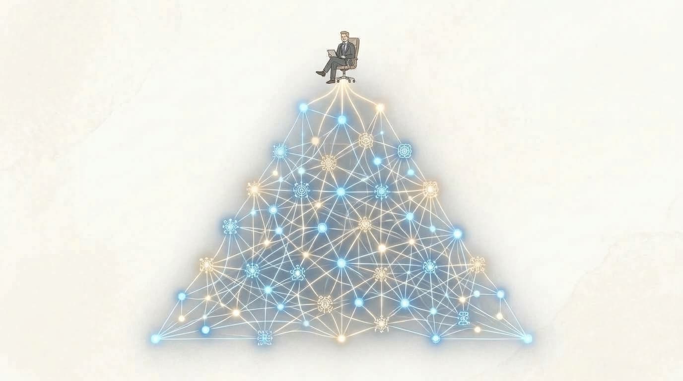 Also Today — one person at the top of a glowing AI swarm pyramid