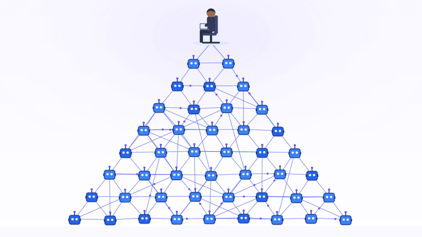 One person at the top of a glowing AI swarm pyramid
