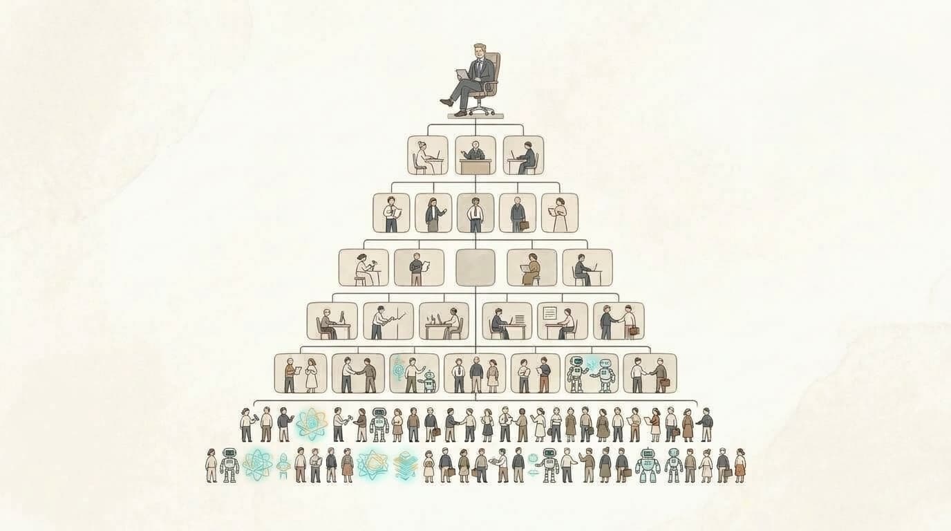 Today — the same pyramid where half the workforce nodes are now AI agents