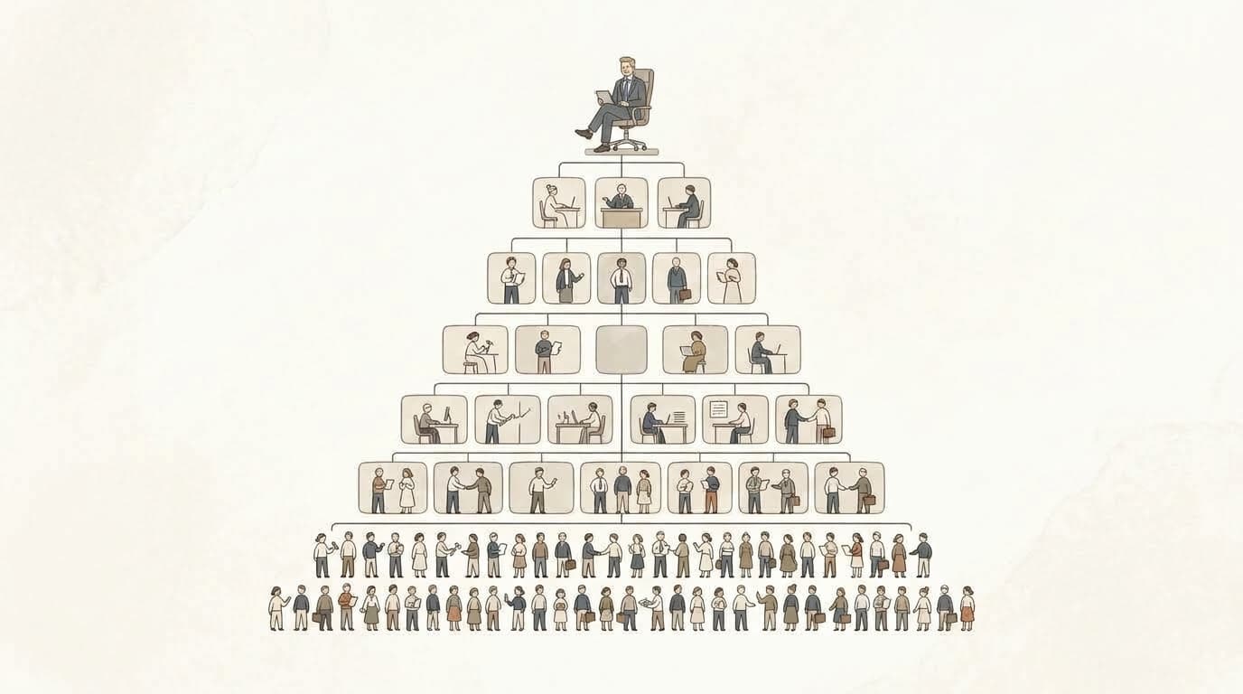 Yesterday — a large human hierarchy pyramid with a CEO at the top and rows of professionals below