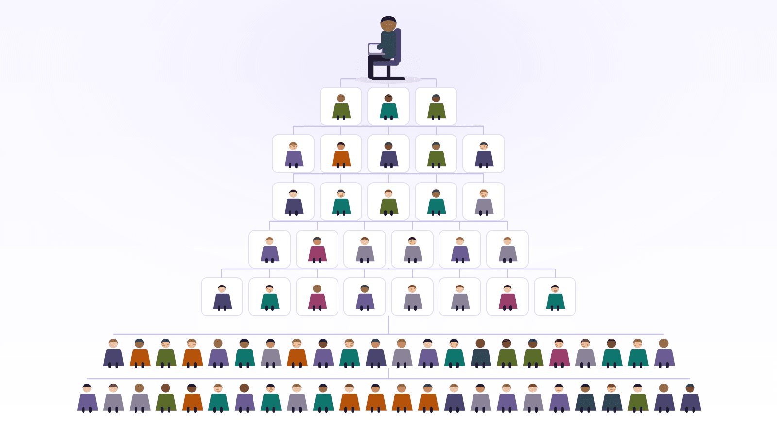 A large human hierarchy pyramid with a CEO at the top and rows of professionals below