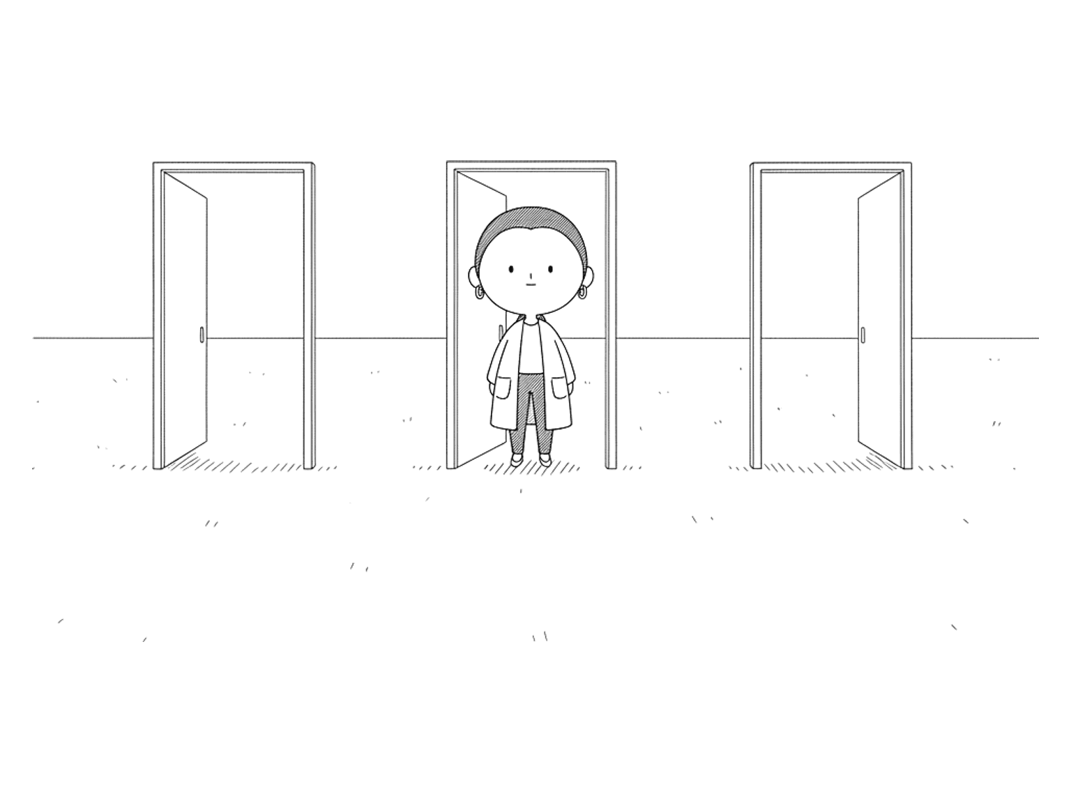 A woman with tied-back hair and a long cardigan stands between three simple free-standing open doorways.