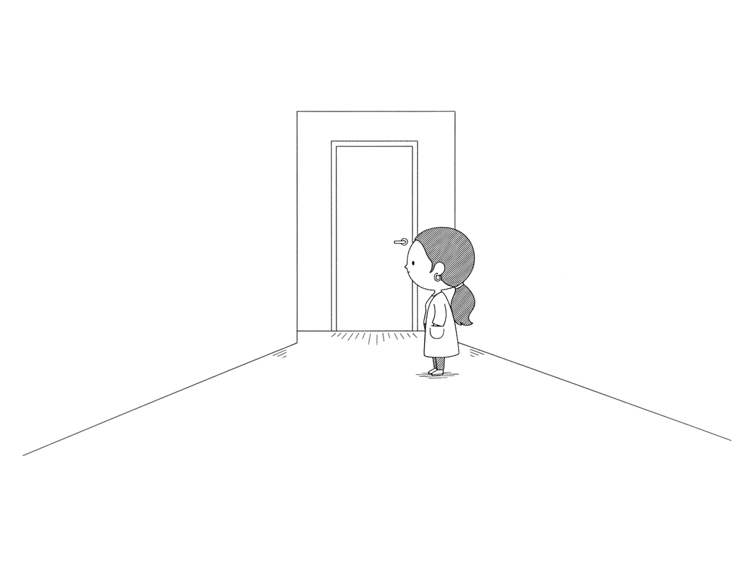 A woman stands alone at the end of a long corridor, facing one tall closed door.