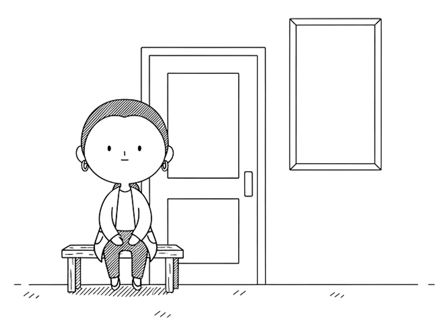 A woman sits on a small bench beside a closed door in a corridor, a tall window beside her.