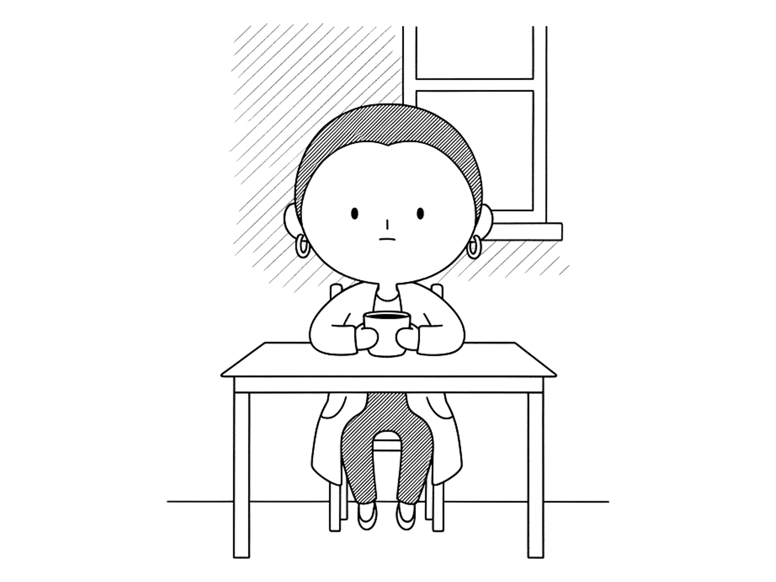 A woman sits alone at a kitchen table at night with both hands around a cup.