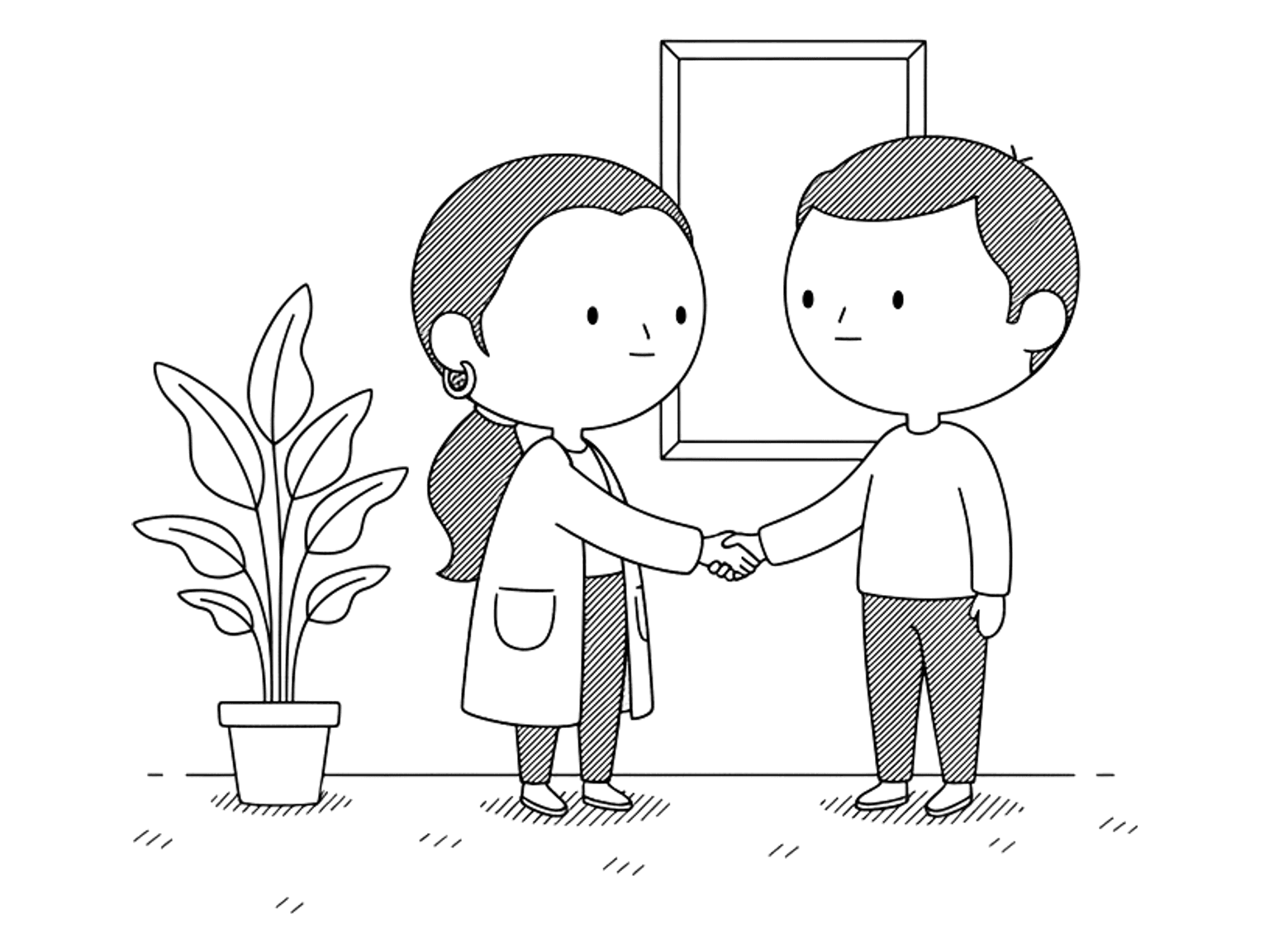 A woman shakes hands with another person in a small bright studio office.