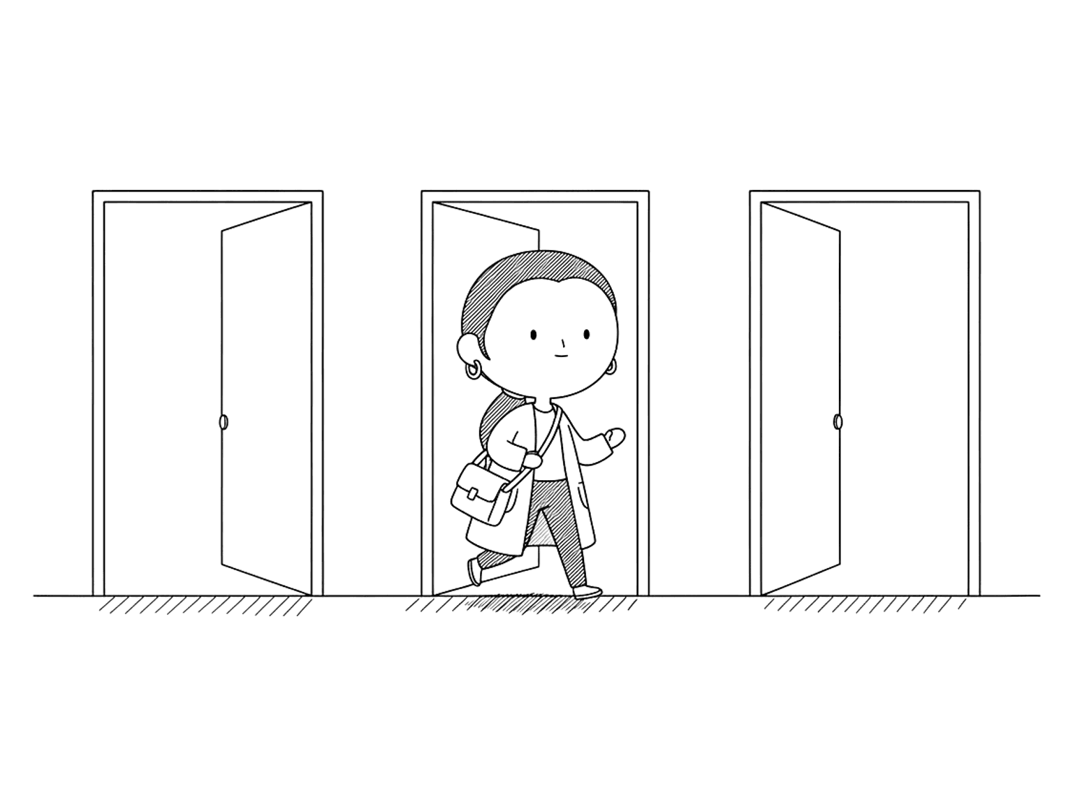 A woman carrying a satchel steps through the middle of three simple free-standing doorways.