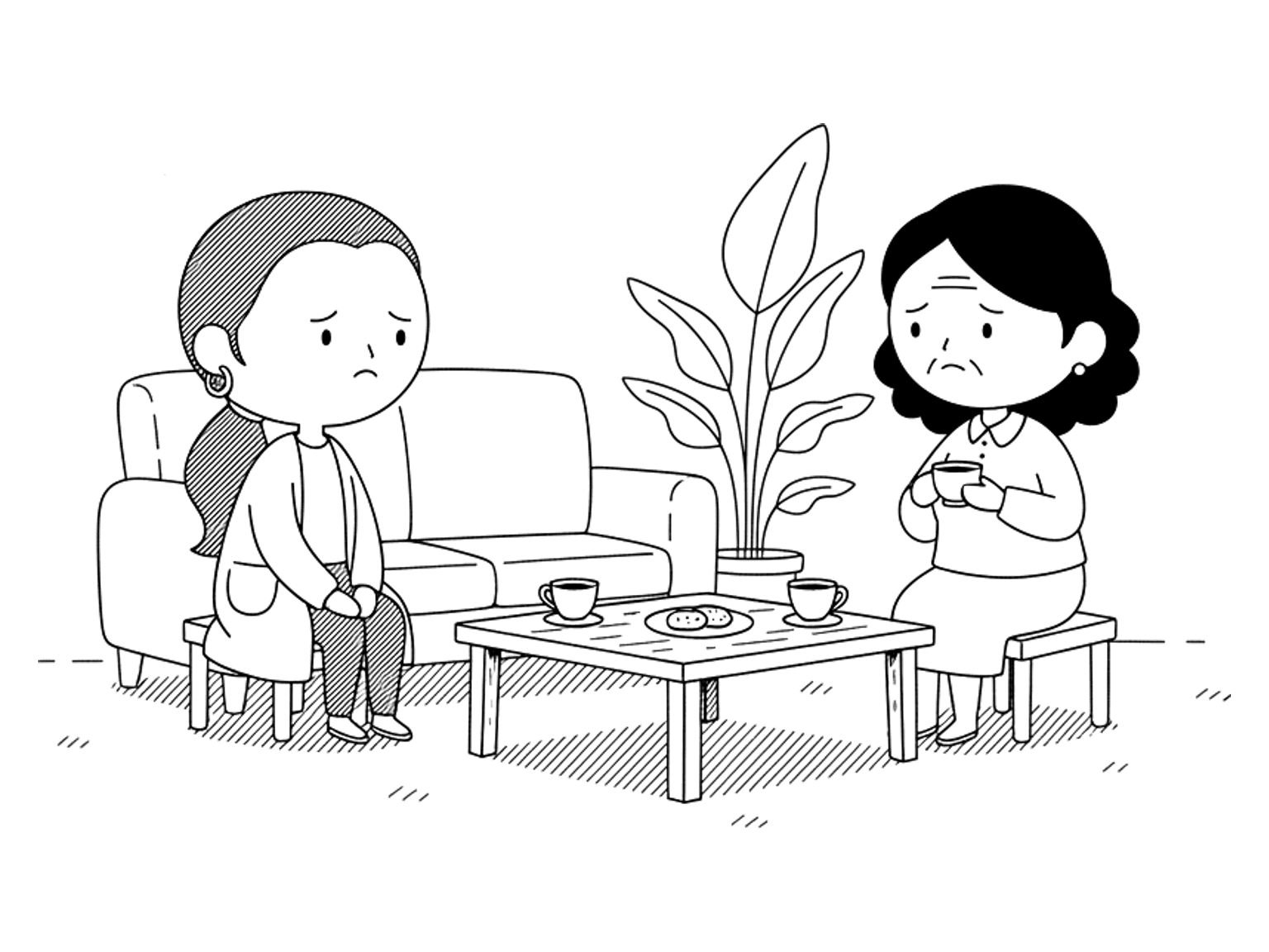 A woman sits across a low table from an older woman in a sitting room, mid-conversation.