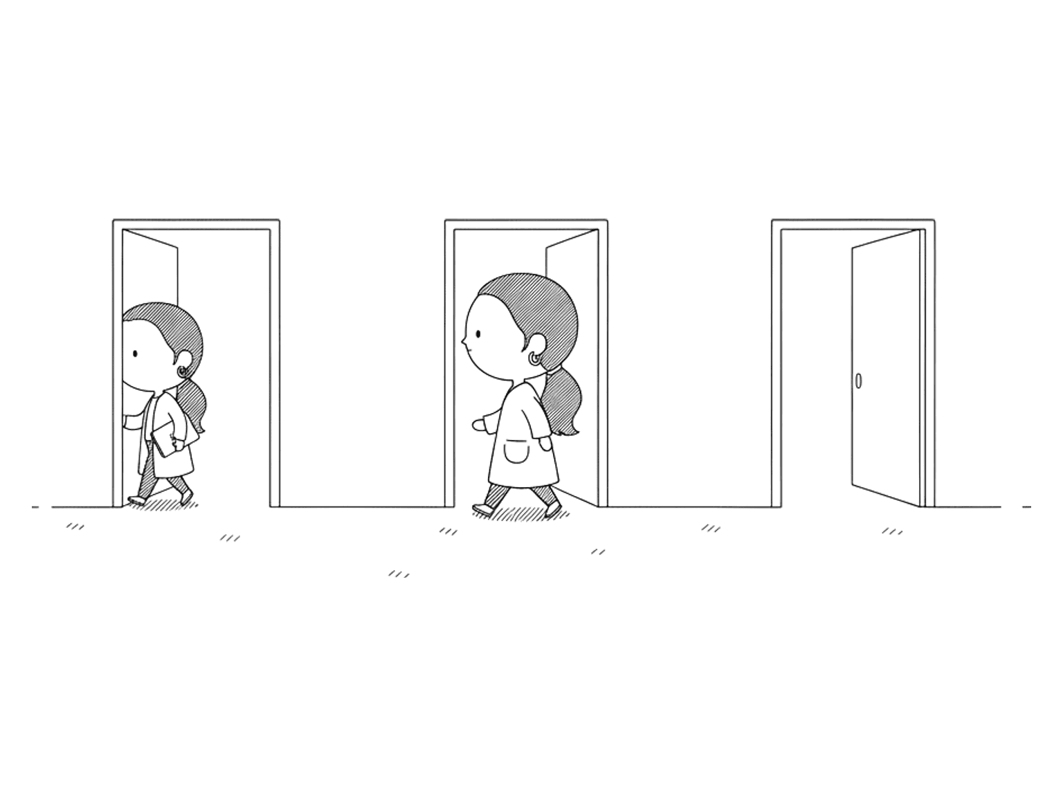 A woman walks between three free-standing open doorways in an open landscape, none of them attached to a wall.