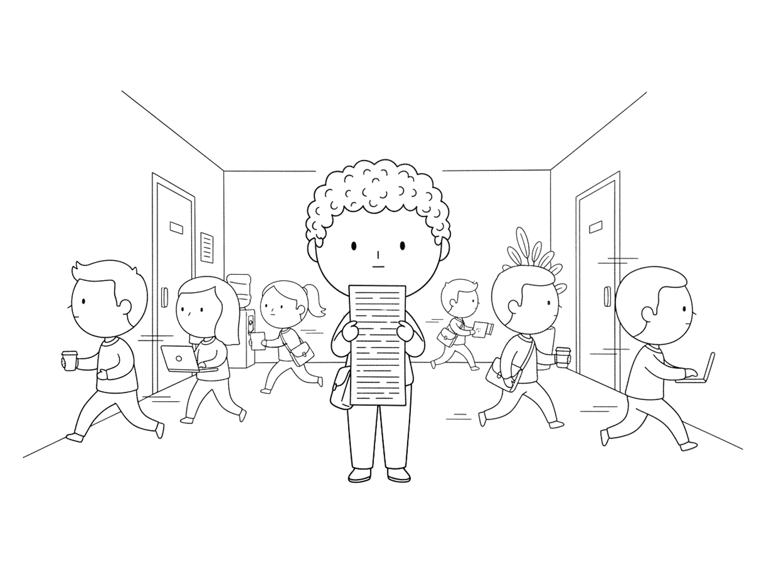A tall figure with curly hair stands calmly reading a long printed page while blurred colleagues hurry past.