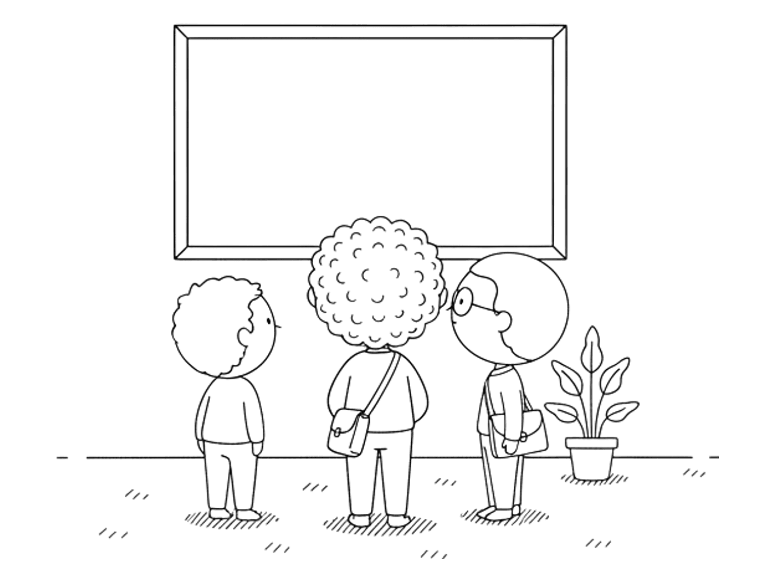 A small group of people stand together looking up at a large screen mounted on an office wall.