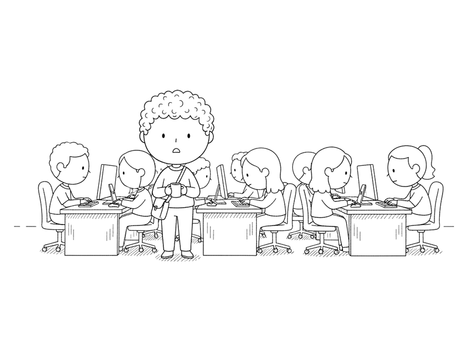 A row of people hunch over keyboards at their desks while one tall figure stands to one side holding a mug.