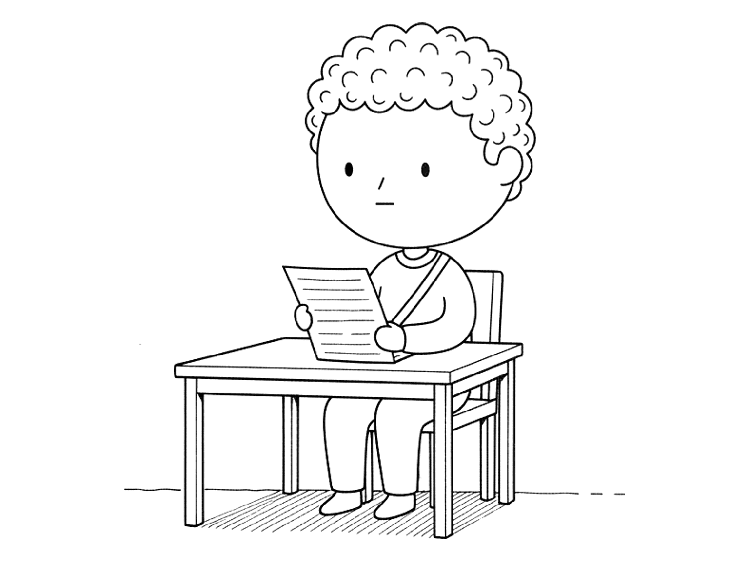 A figure sits at a quiet corner desk reading a long unrolled printout with both hands.