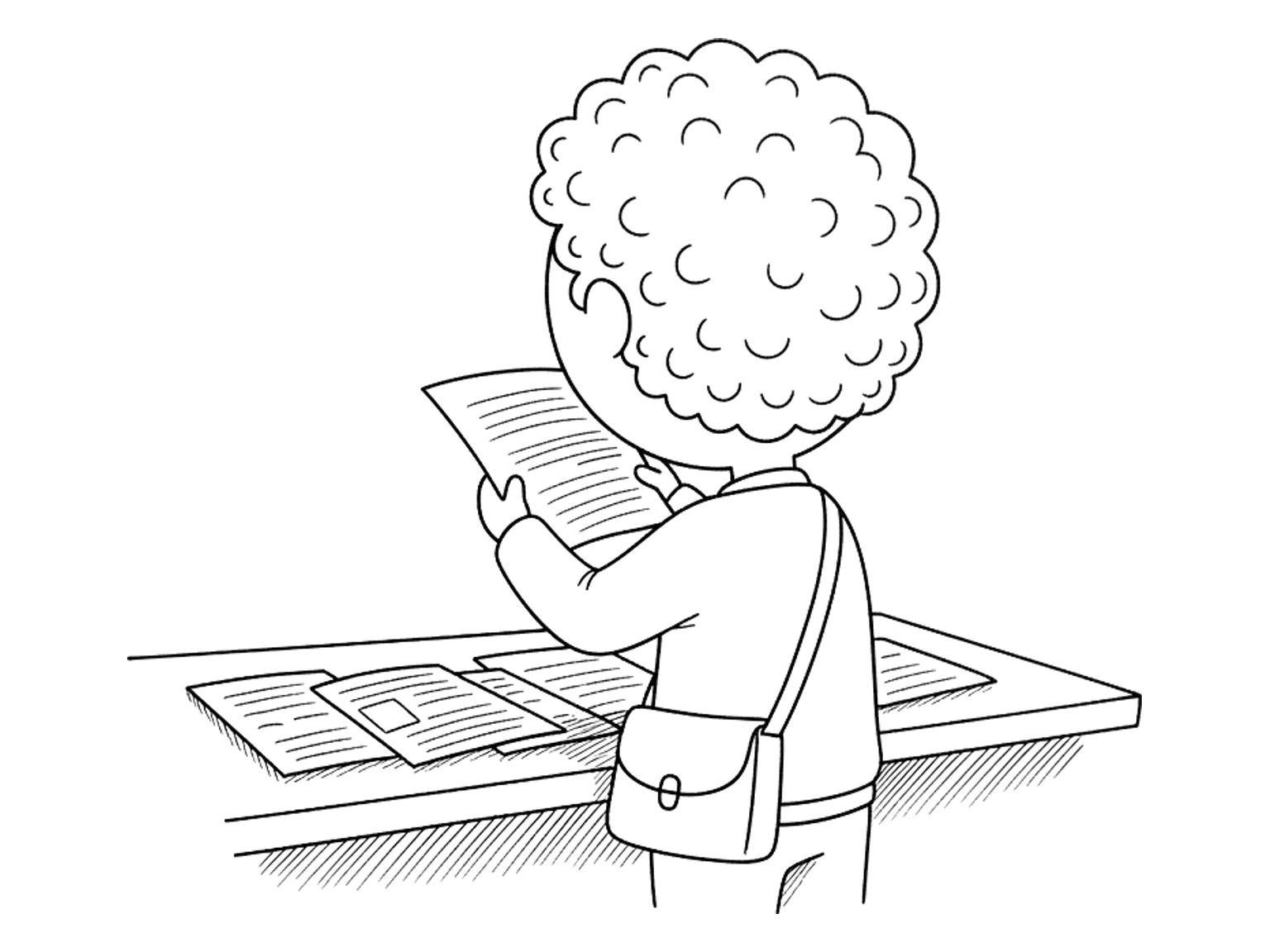 Seen over a shoulder, a figure frowns at a single page held up in both hands, other pages spread across the desk.