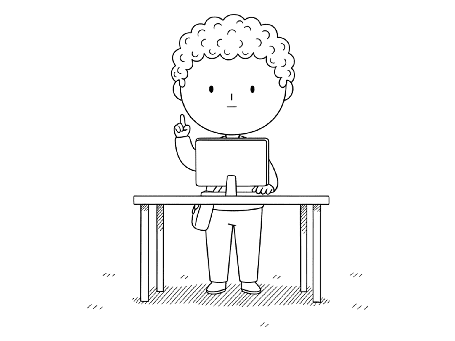 A figure types a short line at a desk with one finger raised, looking at a small screen.