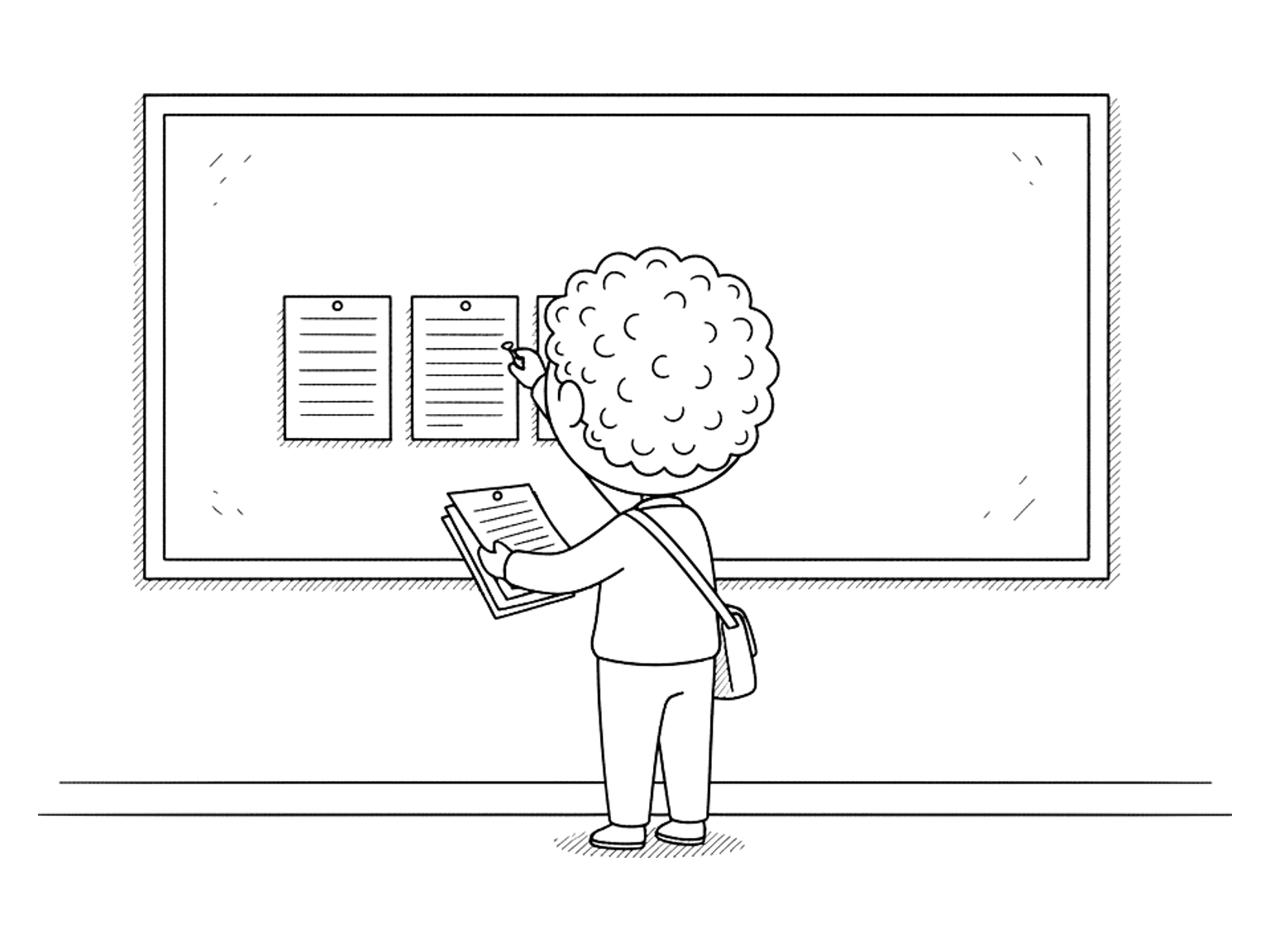 A figure pins a neat row of pages to a large board on an office wall.