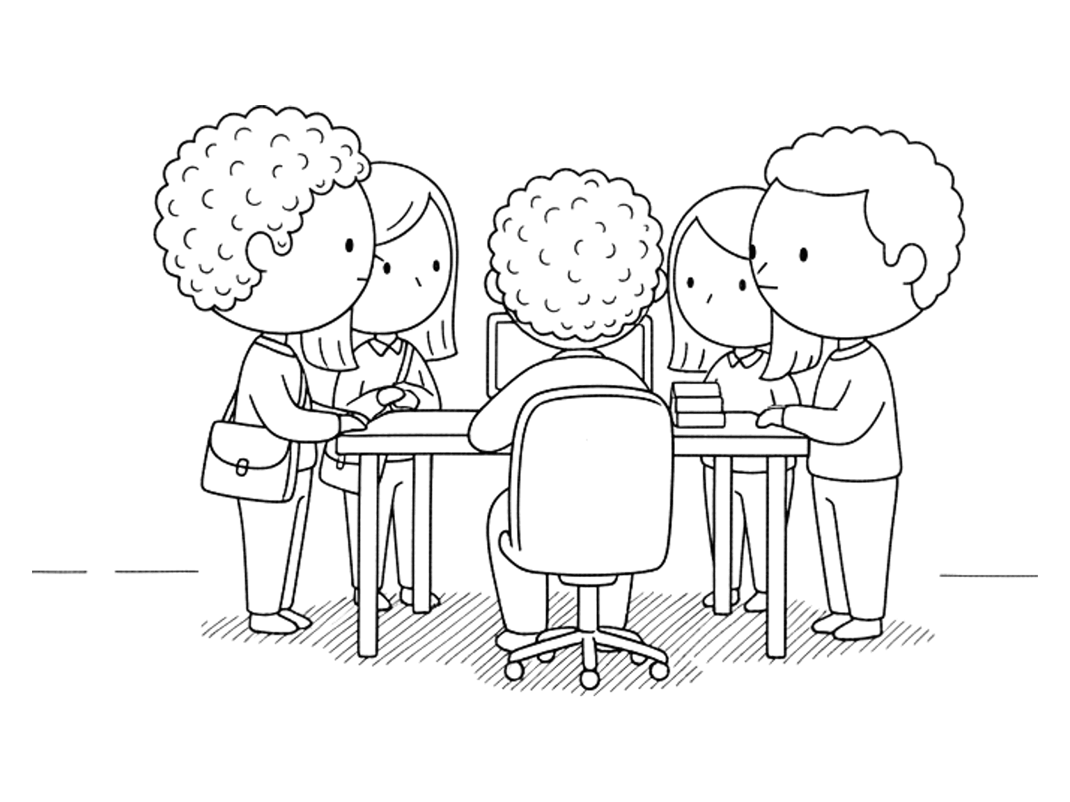 Three colleagues stand around one seated figure's desk, listening, in an open office.
