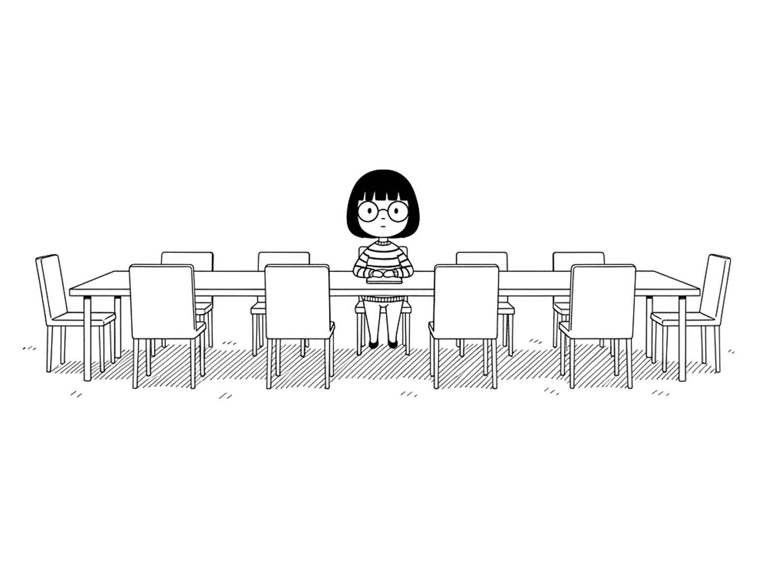 A woman with a short bob and round glasses sits alone at a long empty meeting table.