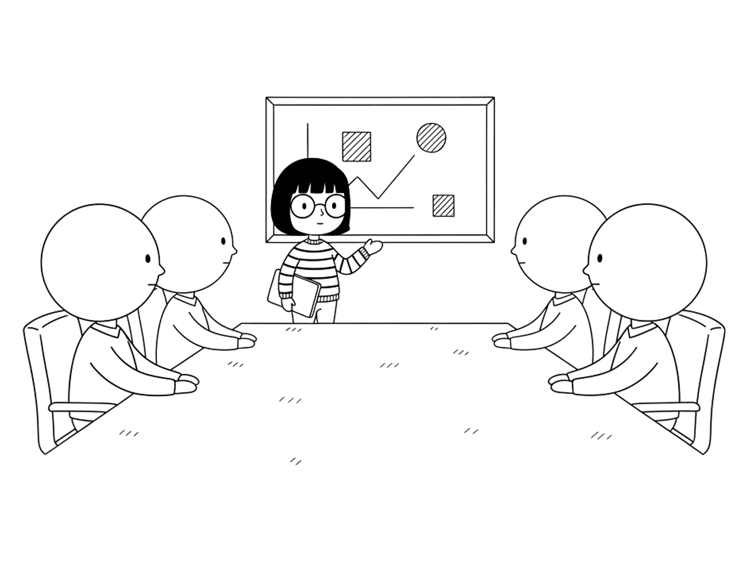 A woman stands at the head of a meeting table, gesturing at a simple chart while seated colleagues look on.