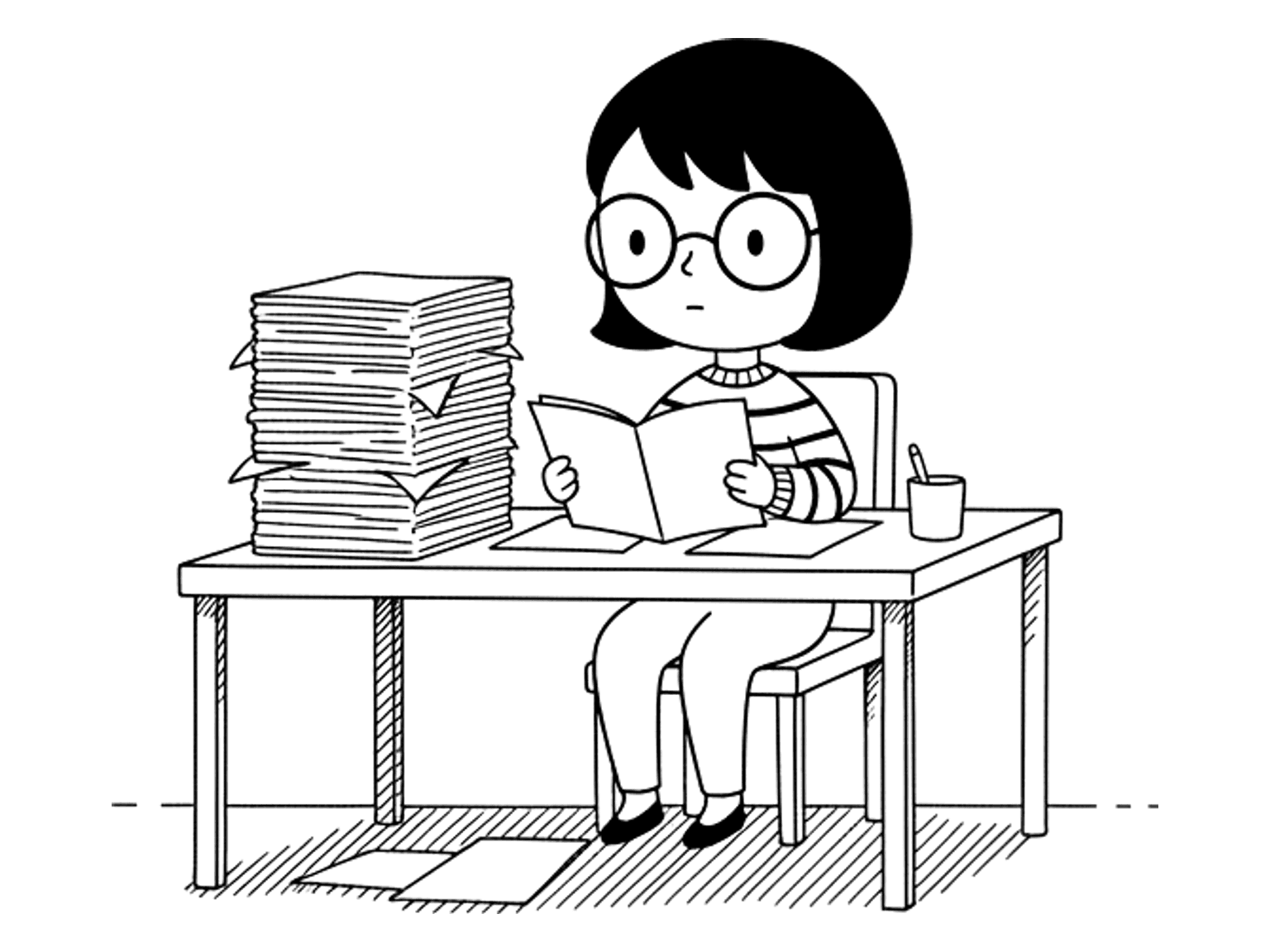 A woman works at a desk covered in printed pages, one hand resting on a stack.