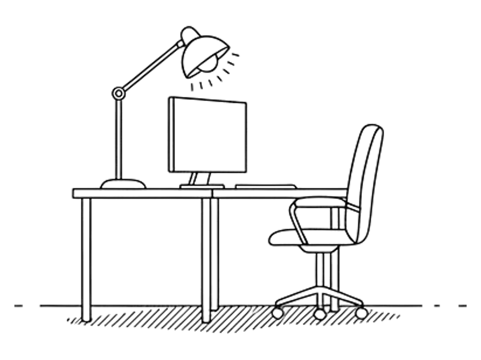 An empty office at night, with a single glowing screen on one desk and every chair empty.