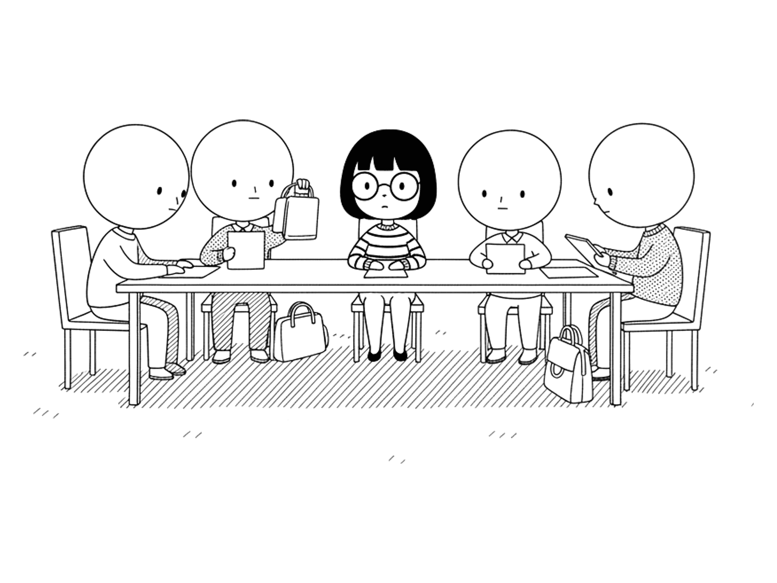 Colleagues stand and gather their things to leave a meeting room while one woman stays seated.