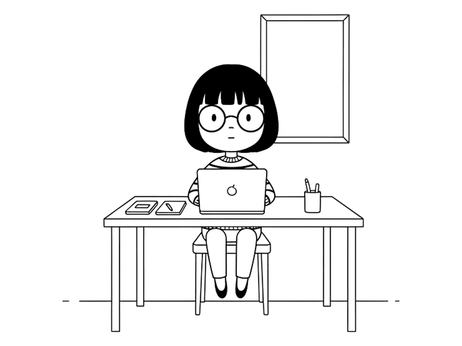 A woman sits at her desk with both hands resting on a closed laptop, looking at nothing in particular.