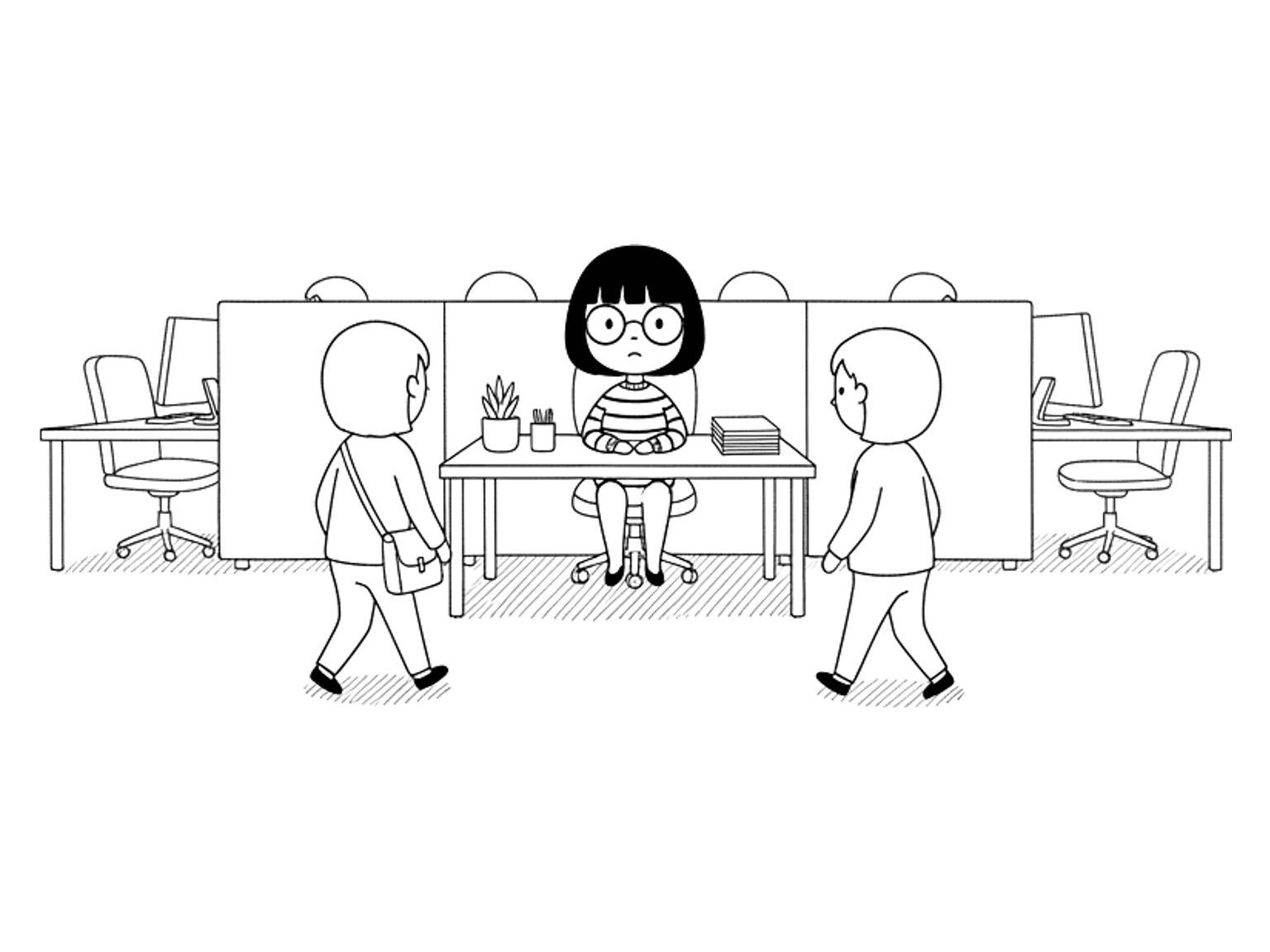 Two colleagues walk past a seated woman's desk without stopping, in a wide open-plan office.