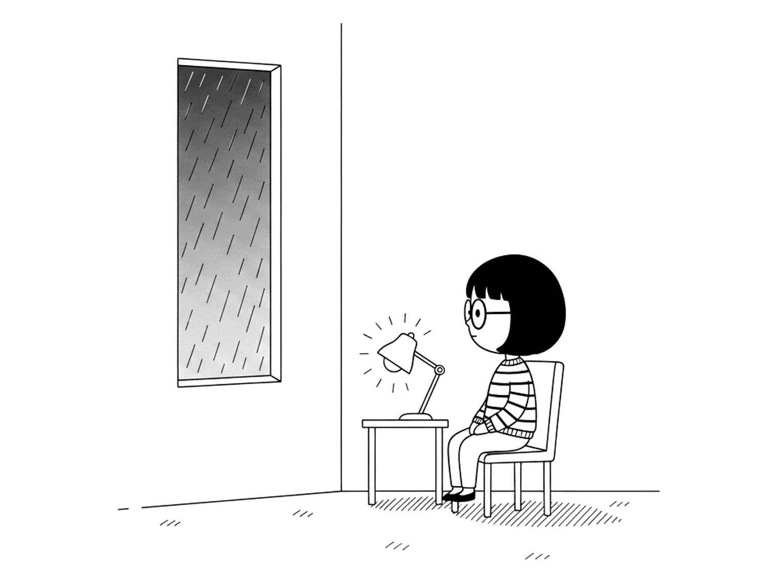 A woman sits alone at dusk in an empty office, turned towards a tall window, one lamp lit beside her.